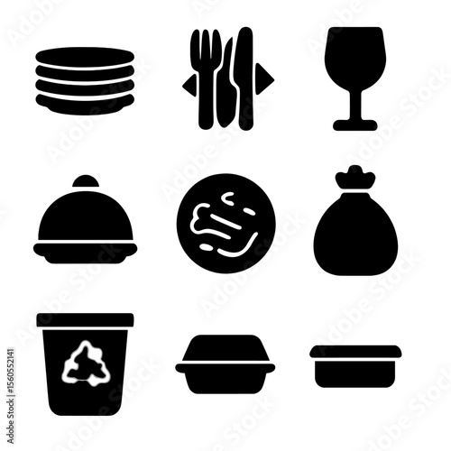 Table Clearing Icons. Solid, filled icon set of table clearing: plate stack, cutlery, napkin, glass, tray, food leftovers, trash