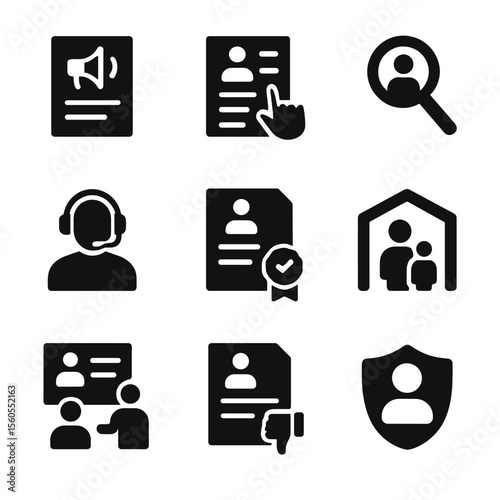 Talent Acquisition Icons. Solid, filled icon set of talent acquisition stages: job posting, application review, screening,