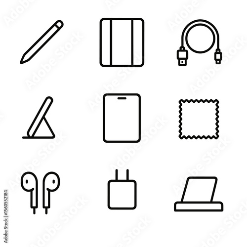 Tablet Accessories Icons. Outline icon set of tablet accessories: stylus pen, protective case, charging cable, tablet stand,