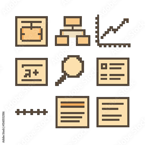 Educational Diagram Icons. Pixel art icon set of educational textbook diagrams: labeled diagram, flowchart box, graph plot,