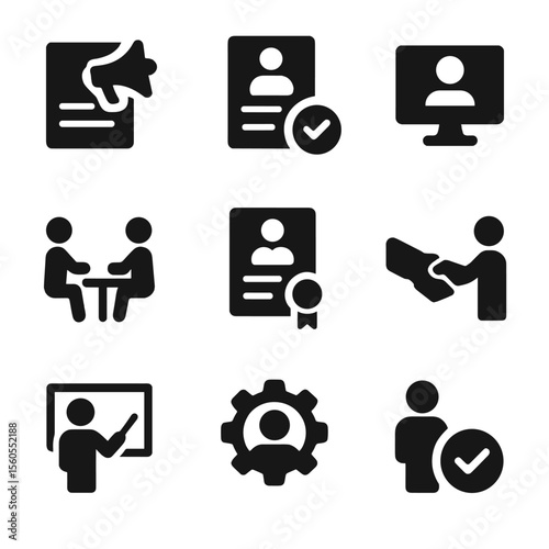Talent Acquisition Icons. Solid, filled icon set of talent acquisition stages: job posting, application review, screening,