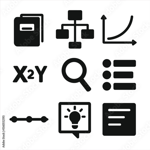 Educational Diagram Icons. Solid, Filled icon set of educational textbook diagrams: labeled diagram, flowchart box, graph plot,