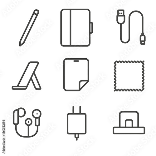 Tablet Accessories Icons. Outline icon set of tablet accessories: stylus pen, protective case, charging cable, tablet stand,