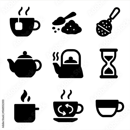 Tea Brewing Icons. Solid, filled icon set of tea brewing methods: teabag in cup, loose leaf tea, tea infuser, teapot with lid, hot