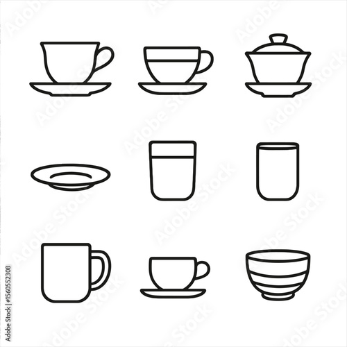 Tea Cup Icons. Outline icon set of tea cups and saucers: porcelain teacup, glass teacup, gaiwan cup, bone china saucer,