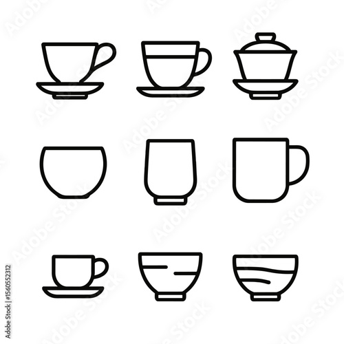 Tea Cup Icons. Outline icon set of tea cups and saucers: porcelain teacup, glass teacup, gaiwan cup, bone china saucer,