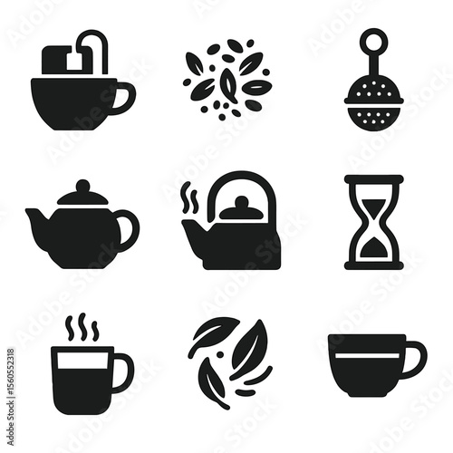 Tea Brewing Icons. Solid, filled icon set of tea brewing methods: teabag in cup, loose leaf tea, tea infuser, teapot with lid, hot