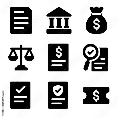 Taxation Icon Set. Solid, filled icon set of taxation and government role: tax form, government building, money bag, legal scale,