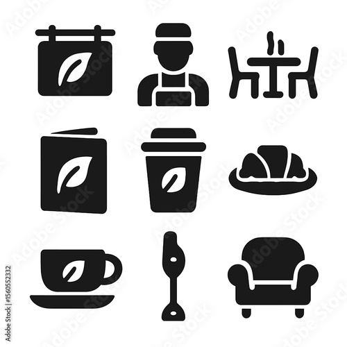Tea Shop Icons. Solid, filled icon set of tea shops and cafés: tea shop sign, barista figure, café table, tea menu, to-go cup,