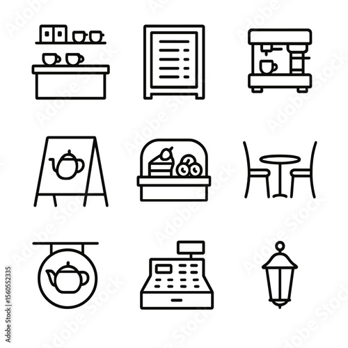 Tea Shop Icon Set. Outline icon set of tea shop and café elements: counter display, menu board, barista station, chalkboard sign,
