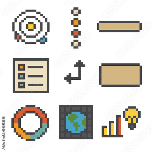 Educational Diagram Pixel Art. Pixel art icon set of educational diagram posters: orbit lines, planet labels, distance scale,