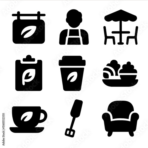 Tea Shop Icons. Solid, filled icon set of tea shops and cafés: tea shop sign, barista figure, café table, tea menu, to-go cup,