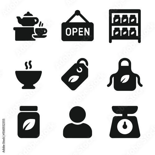 Tea Shop Icon Set. Solid, filled icon set of tea shop essentials: counter display, open sign, tea shelf, scale, tasting cup, price