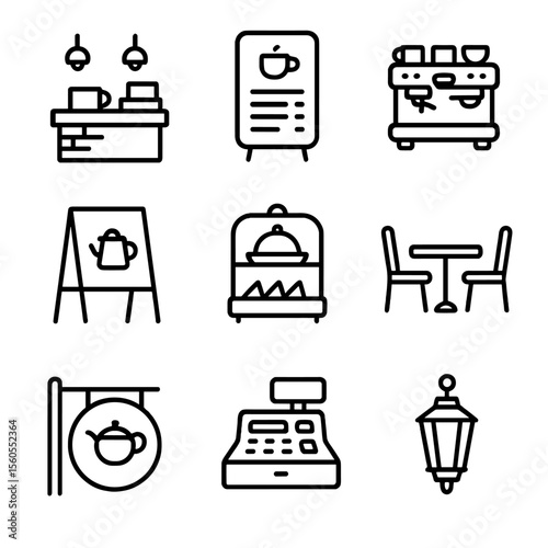 Tea Shop Icon Set. Outline icon set of tea shop and café elements: counter display, menu board, barista station, chalkboard sign,
