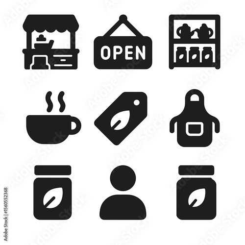 Tea Shop Icon Set. Solid, filled icon set of tea shop essentials: counter display, open sign, tea shelf, scale, tasting cup, price