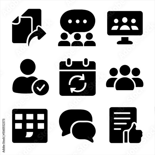 Team Collaboration Icons. Solid, filled icon set of team collaboration: shared documents, group chat, video conference, task
