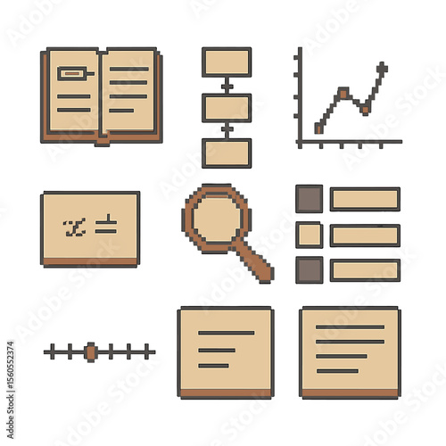 Educational Diagram Icons. Pixel art icon set of educational textbook diagrams: labeled diagram, flowchart box, graph plot,