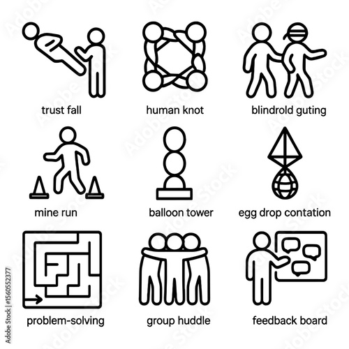 Team Building Icons. Outline icon set of team building games: trust fall silhouette, human knot arms, blindfold guiding, minefield
