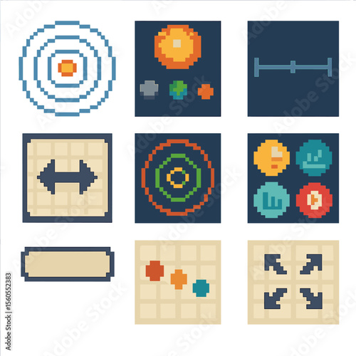 Educational Diagram Pixel Art. Pixel art icon set of educational diagram posters: orbit lines, planet labels, distance scale,