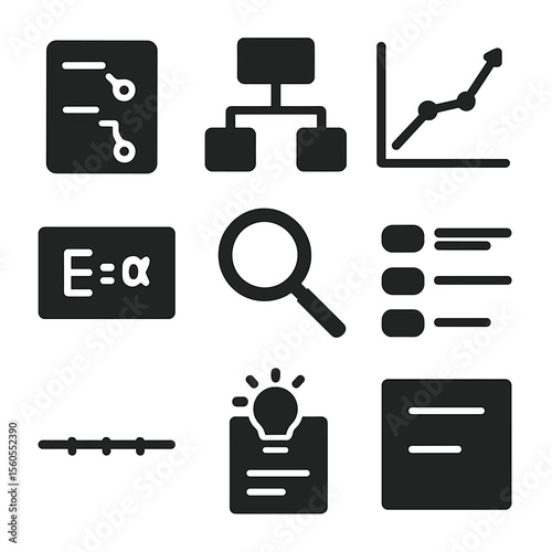 Educational Diagram Icons. Solid, Filled icon set of educational textbook diagrams: labeled diagram, flowchart box, graph plot,