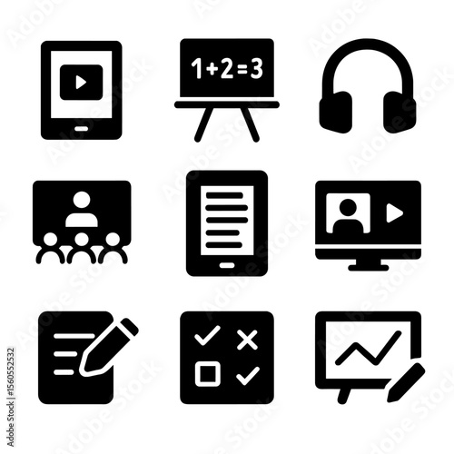 Educational Tech Icons. Solid, filled icon set of educational technology: e-learning tablet, smartboard, headphones, virtual