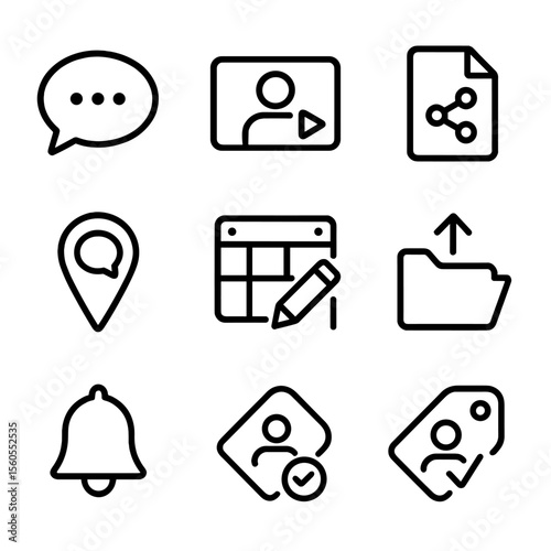 Team Tool Icons. Outline icon set of Team Collaboration Tools: chat bubble, video call screen, shared document, version control