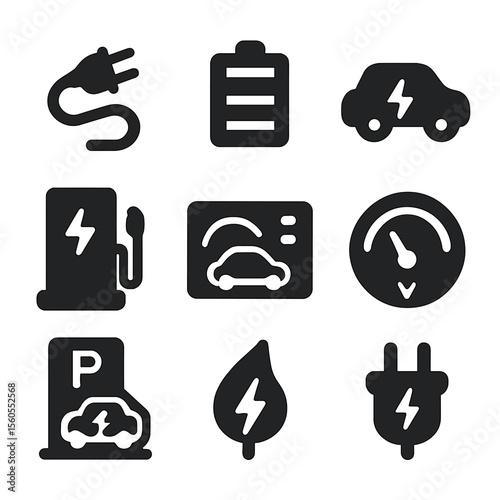 Electric Vehicle Icons. Solid, filled icon set of electric vehicle ecosystem: charging cable, battery icon, EV car, charging