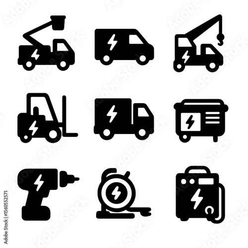 Electric Vehicles Icons. Solid, filled icon set of electric vehicles and machinery: bucket truck, service van, crane, forklift,