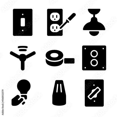 Electrical Icon Set. Solid, filled icon set of electrical and fixture prep: light switch cover, outlet removal, ceiling light wrap