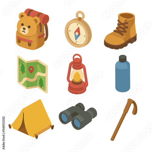 Teddy's Adventure Gear. Isometric Flat icon set of teddy bear adventure gear: backpack, compass, hiking boot, trail map, lantern,