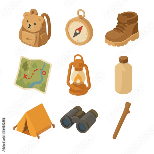 Teddy's Adventure Gear. Isometric Flat icon set of teddy bear adventure gear: backpack, compass, hiking boot, trail map, lantern,