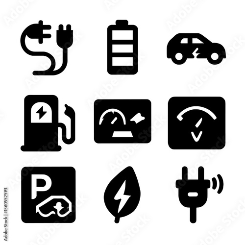 Electric Vehicle Icons. Solid, filled icon set of electric vehicle ecosystem: charging cable, battery icon, EV car, charging