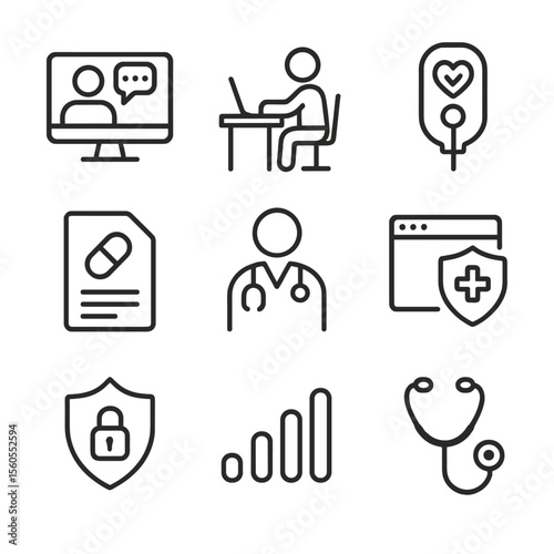 Telemedicine Icon Set. Outline icon set of telemedicine in precision care: video consultation screen, patient at home desk, remote