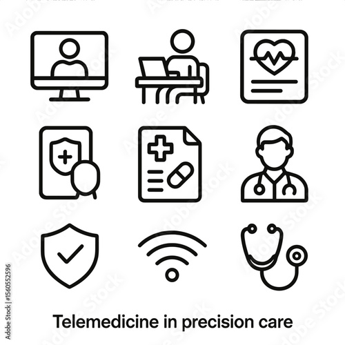 Telemedicine Icon Set. Outline icon set of telemedicine in precision care: video consultation screen, patient at home desk, remote