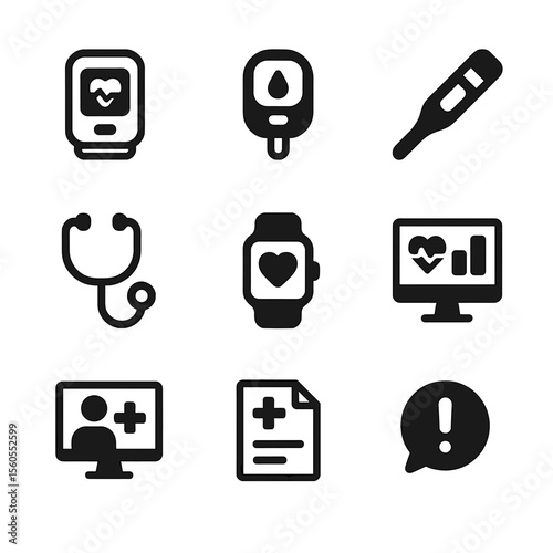 Telemedicine Icon Set. Solid, filled icon set of telemedicine devices: pulse oximeter, glucose meter, thermometer, digital