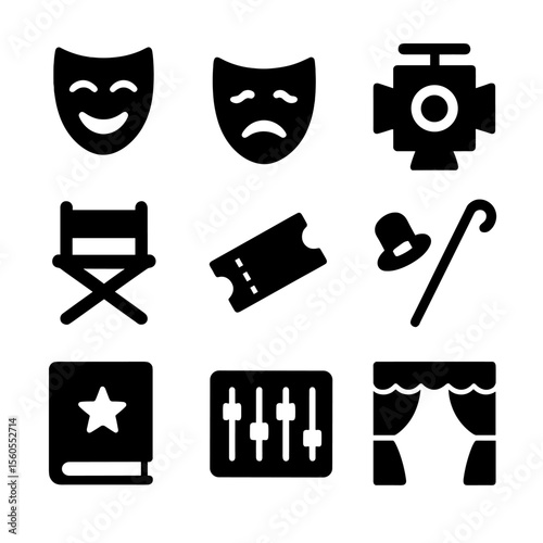 Theater Icon Set. Solid, filled icon set of theater stage elements: mask comedy, mask tragedy, stage light, director’s chair,