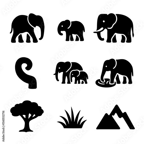 Elephant Icon Set. Solid, filled icon set of elephants in nature: elephant silhouette, baby elephant, elephant with tusks,