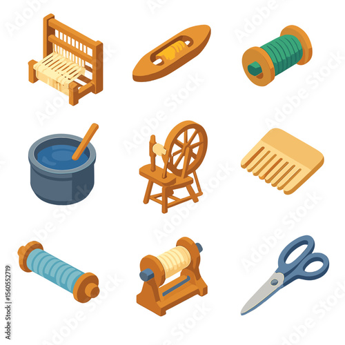 Textile Tools Icons. Isometric Flat icon set of textile production tools: handloom, shuttle, bobbin with thread, dye vat, spinning