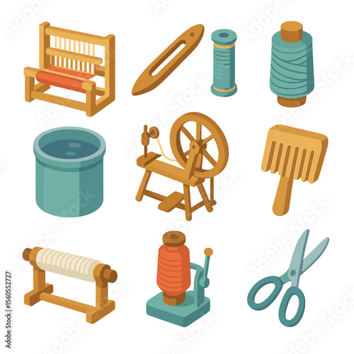 Textile Tools Icons. Isometric Flat icon set of textile production tools: handloom, shuttle, bobbin with thread, dye vat, spinning