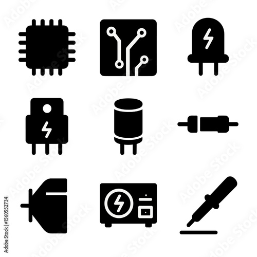 Electronics Icon Grid. Solid, filled icon set of voltage in electronics: microchip, circuit board, LED indicator, voltage