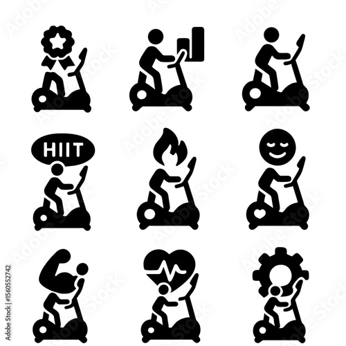 Elliptical Workout Icon Set. Solid, filled icon set of elliptical machine workout plans: beginner, intermediate, advanced, HIIT,