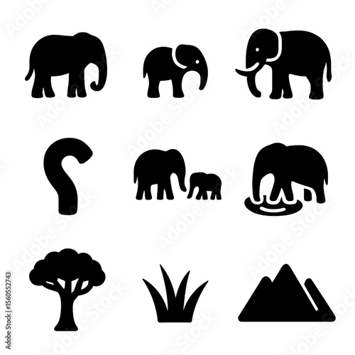 Elephant Icon Set. Solid, filled icon set of elephants in nature: elephant silhouette, baby elephant, elephant with tusks,