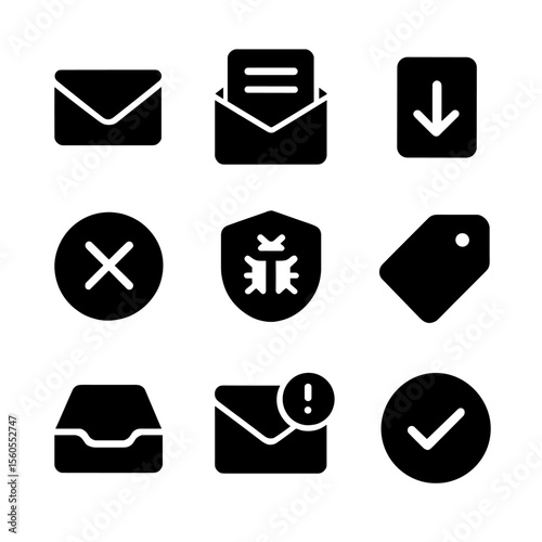 Email Icons Grid. Solid, filled icon set of email subscriptions: email envelope, open newsletter, subscribe button, unsubscribe