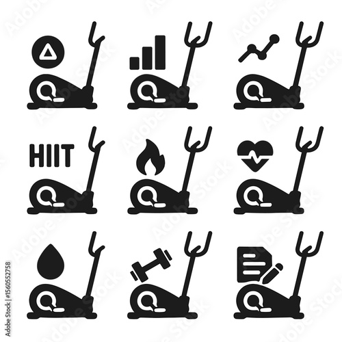 Elliptical Workout Icon Set. Solid, filled icon set of elliptical machine workout plans: beginner, intermediate, advanced, HIIT,