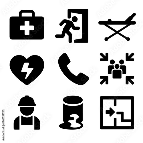 Emergency Icon Set. Solid, Filled icon set of emergency response planning: first aid kit, emergency exit door, rescue stretcher,
