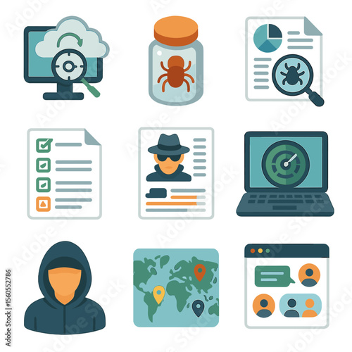 Threat Intelligence Icons. Isometric Flat icon set of threat intelligence operations: threat feed API, malware sample jar,