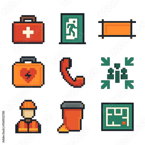 Emergency Icons Grid. Pixel art icon set of emergency response planning: first aid kit, emergency exit door, rescue stretcher,
