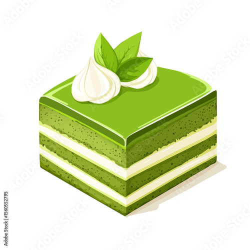 Matcha Cake, cartoon vector illustration, flat 2D isometric style, white background.