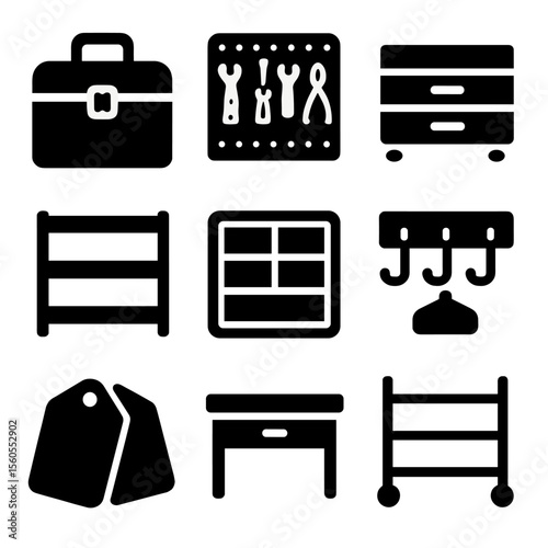 Tool Storage Icons. Solid, filled icon set of tool storage and organization: toolbox, pegboard, tool chest, shelf, drawer