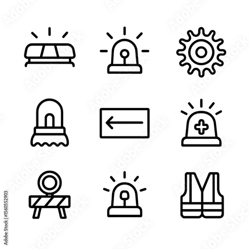 Emergency Lighting Icons. Outline icon set of emergency and safety lighting: police car lightbar, construction warning beacon,